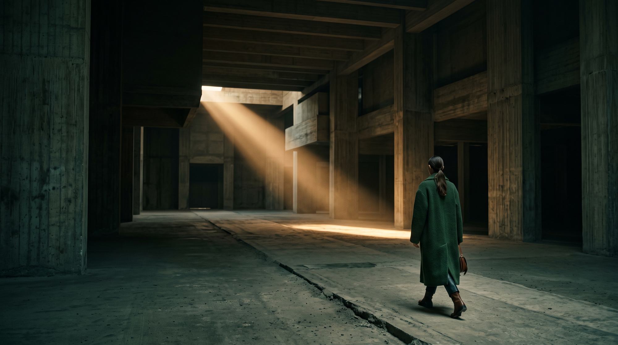 Frau im grünen Mantel in einer Betonhalle, Lichtstrahl von oben